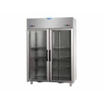 Armadio combinato refrigerato GN 2/1 in acciaio inox a doppia temperatura (TN+BT) con due porte in vetro e due luci neon interne AFI4MIDPNPV