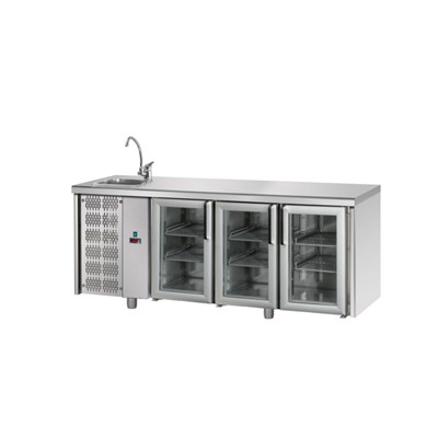 Tavolo refrigerato GN 1/1 con 3 porte in vetro, 2 luci neon, piano con lavello e gruppo motore a sinistra TF03MIDPVSXL